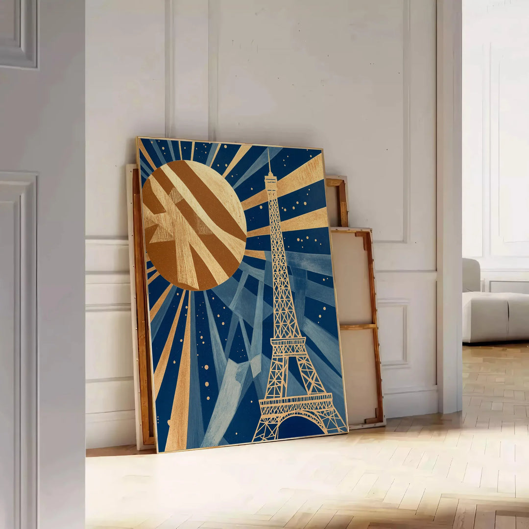 Art Deco poster of Paris featuring a stylized city skyline in green and brown
