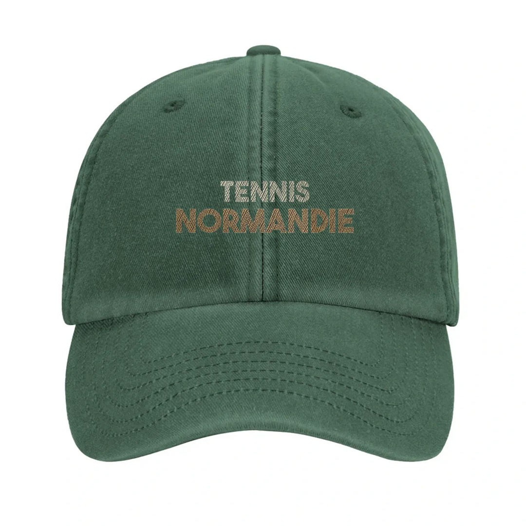 Embroidered cap featuring a vintage tennis design with Normandie text