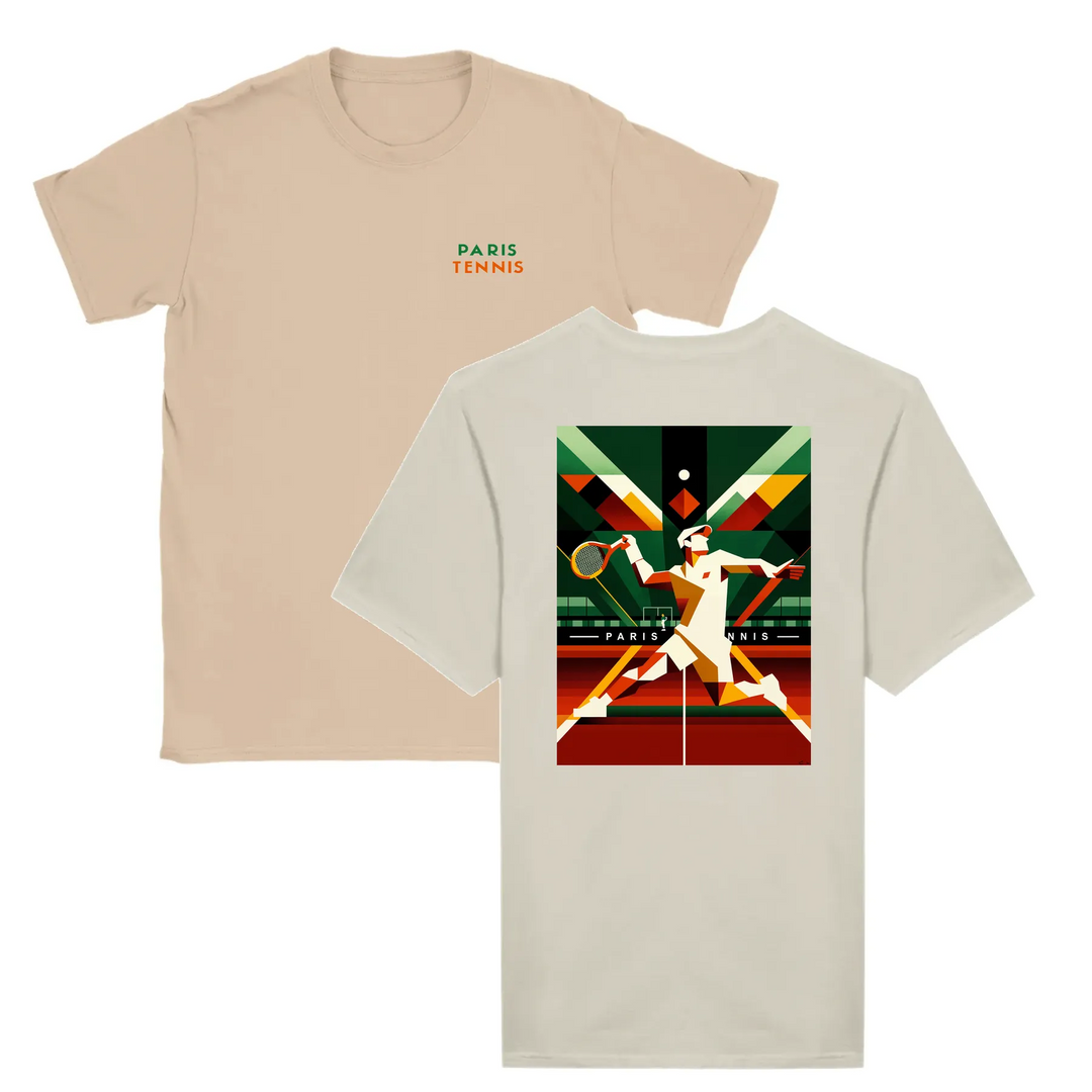 T-shirt featuring a graphic of tennis rackets and a ball with Paris skyline