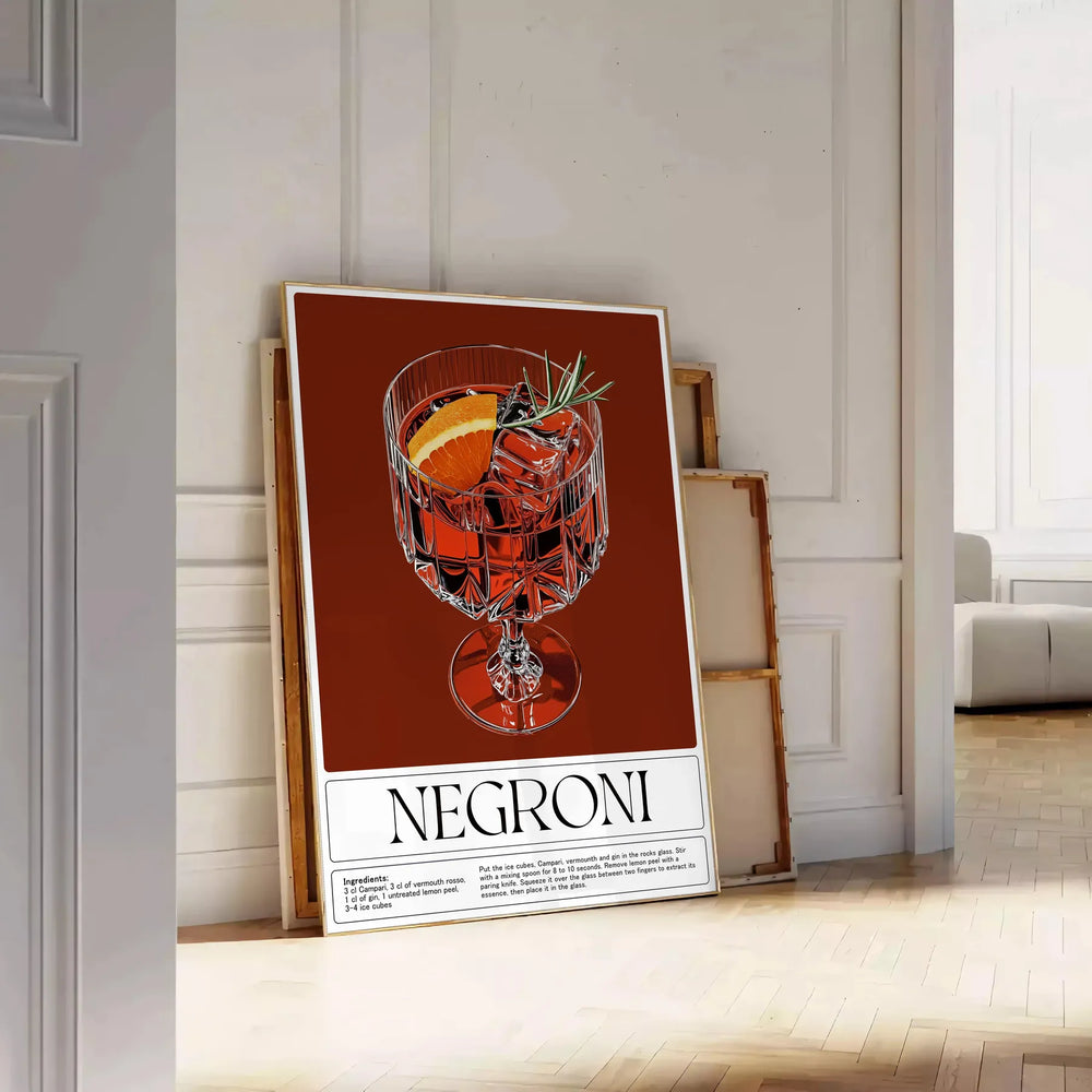 Minimalist Negroni cocktail poster, gray and brown watercolor composition