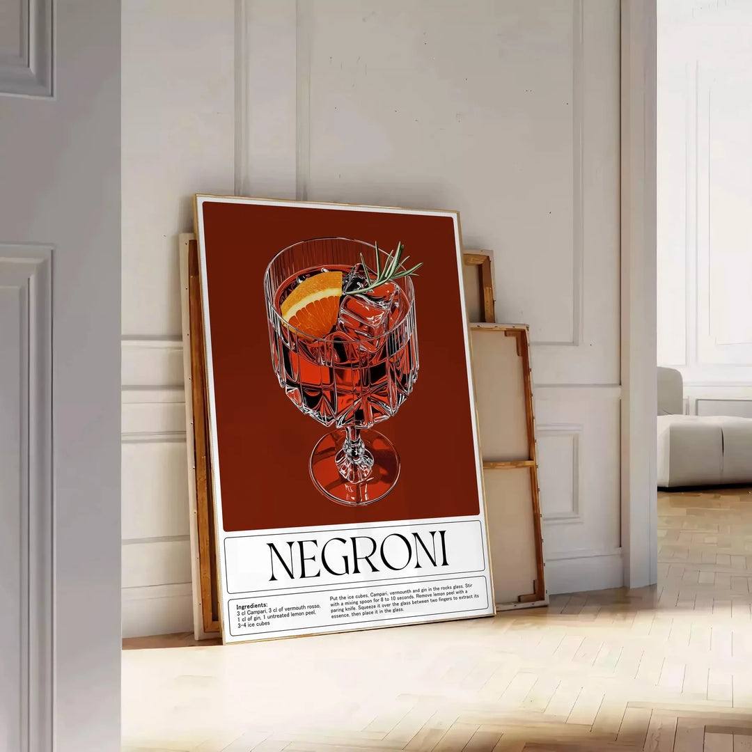 Minimalist Negroni cocktail poster, gray and brown watercolor composition