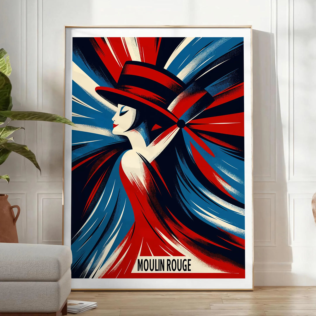 Vintage poster featuring a dancing woman in red and blue at Moulin Rouge, Paris