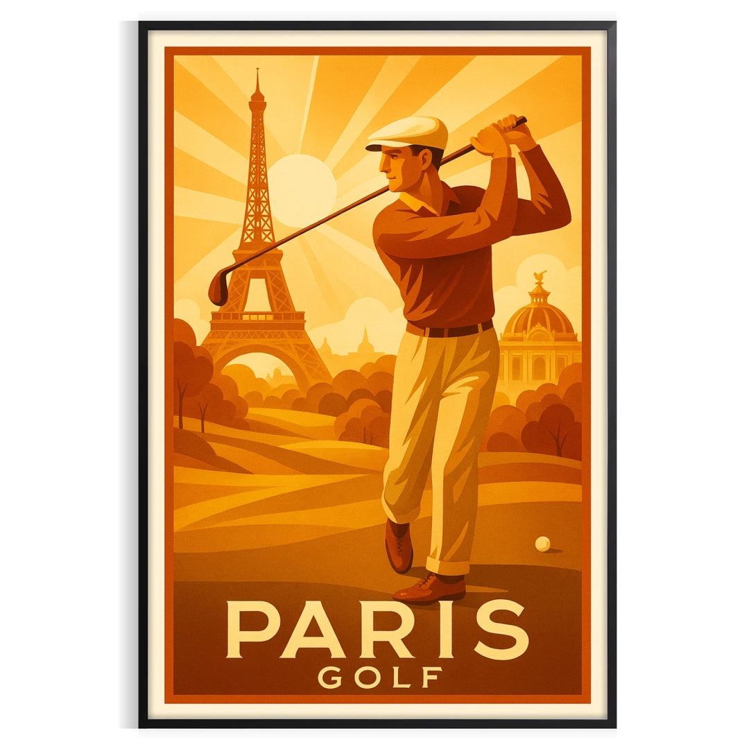 Art Deco style illustration of golfers in Paris with green and brown tones