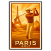 Ilustração Art Deco de golfistas em Paris com tons verdes e marrons