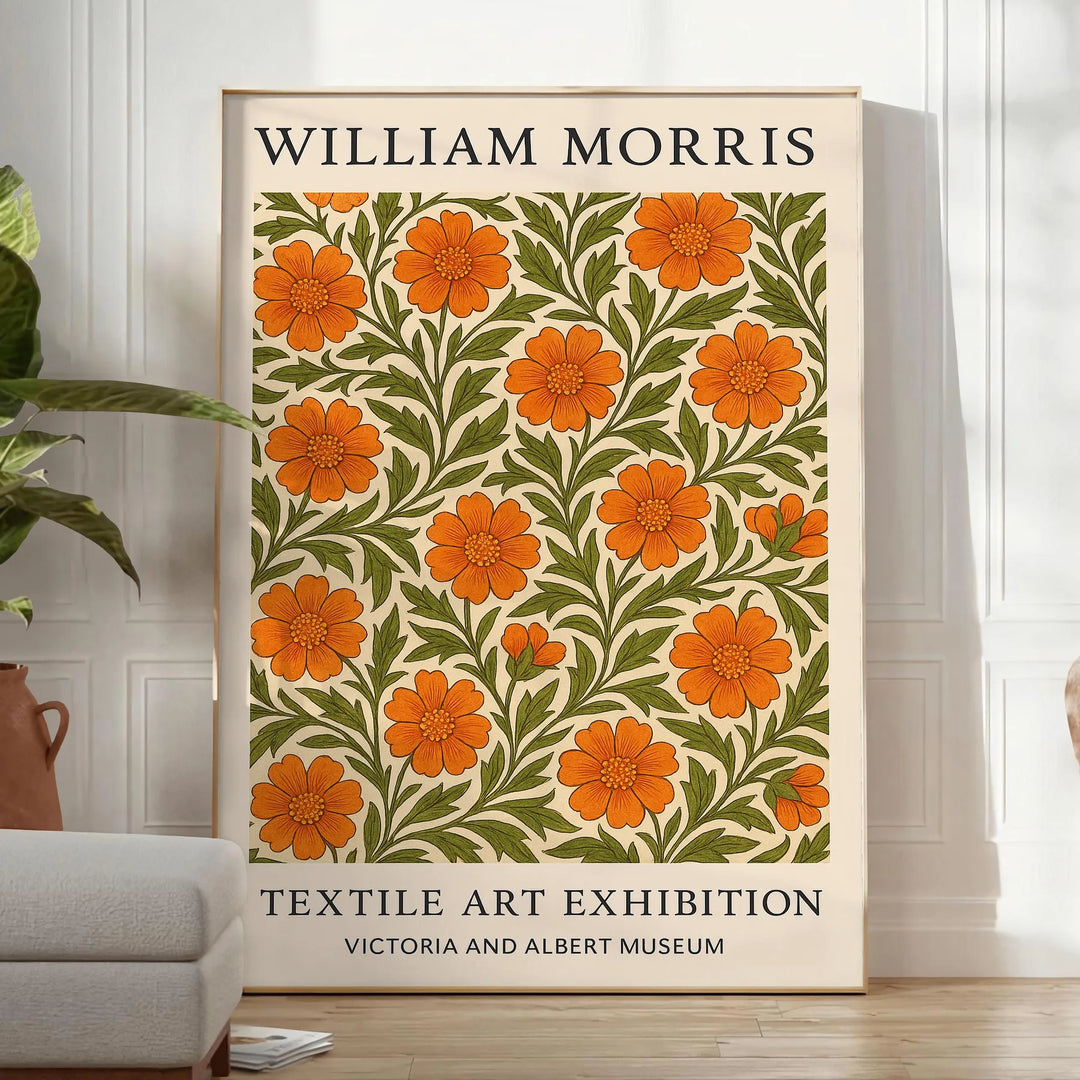 William Morris botanical design featuring intricate floral patterns in orange and green