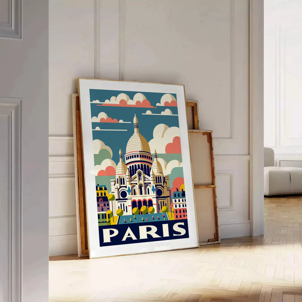 Vintage illustration of Sacré-Cœur in Paris, featuring orange and white tones