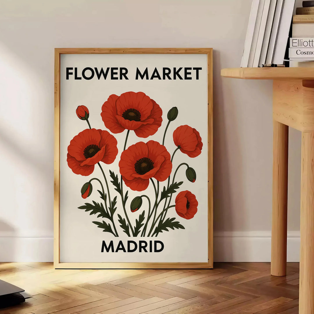 Ilustração botânica de um mercado de flores em Madrid com tons de vermelho e preto
