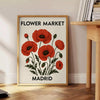 Ilustração botânica de um mercado de flores em Madrid com tons de vermelho e preto