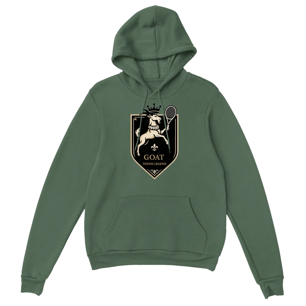 Hoodie with a graphic of a goat playing tennis, featuring bold colors