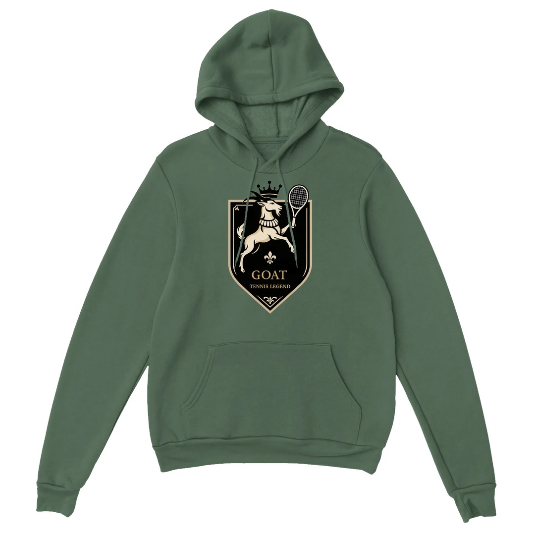 Hoodie with a graphic of a goat playing tennis, featuring bold colors