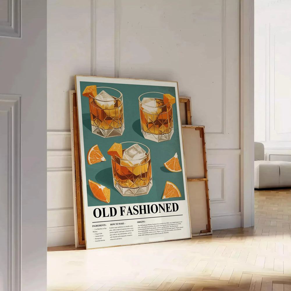 Vintage poster of an Old Fashioned cocktail in orange and gray