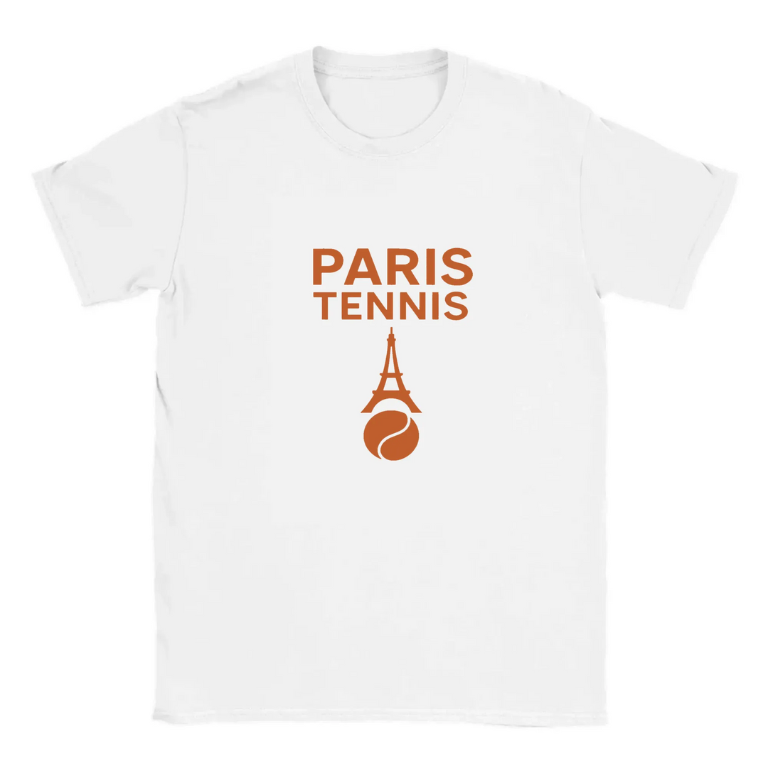 T-shirt featuring a graphic of tennis rackets and a ball with Paris landmarks