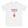 T-shirt featuring a graphic of tennis rackets and a ball with Paris landmarks