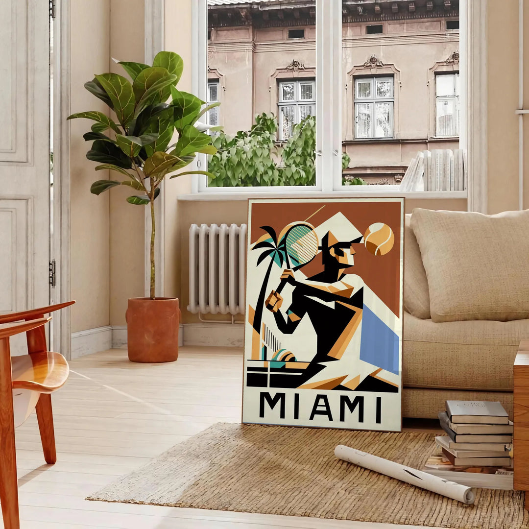 White and green Miami tennis poster, minimalist retro artwork style