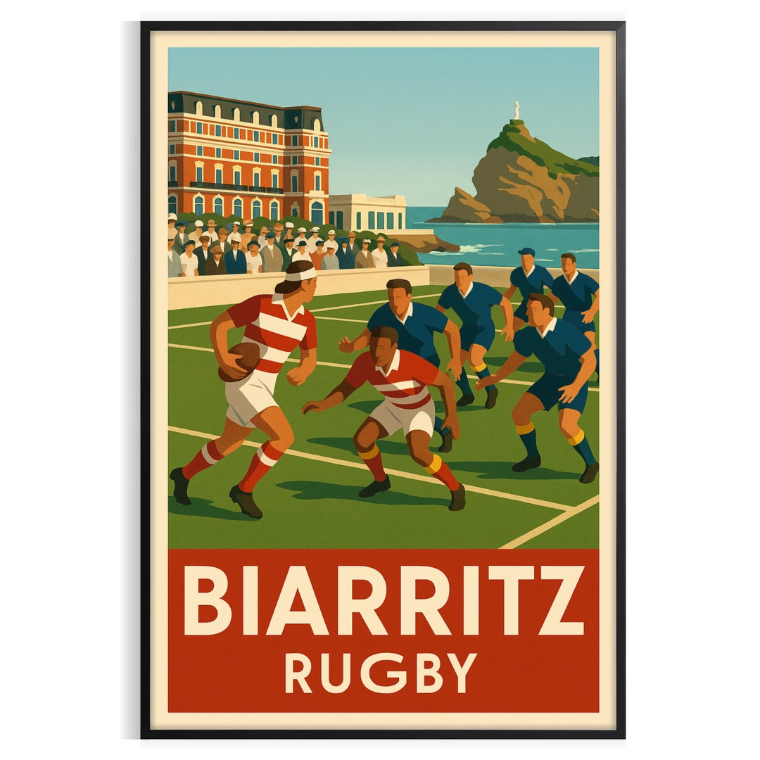 Biarritz rugby poster in vintage Art Deco style, dynamic player illustration