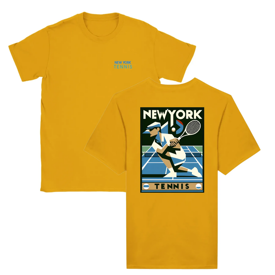 T-shirt featuring a graphic of a tennis player in action against a New York skyline