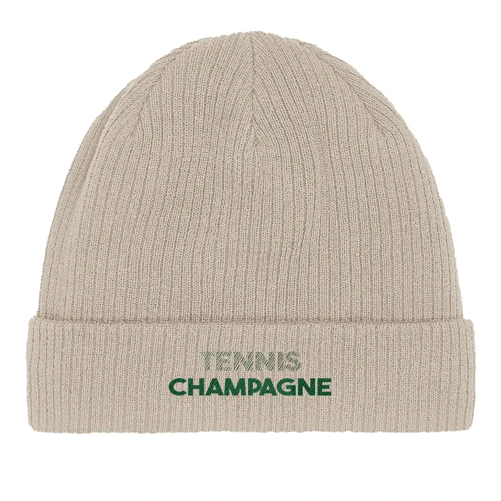 Embroidered beanie featuring a tennis motif on soft cotton fabric