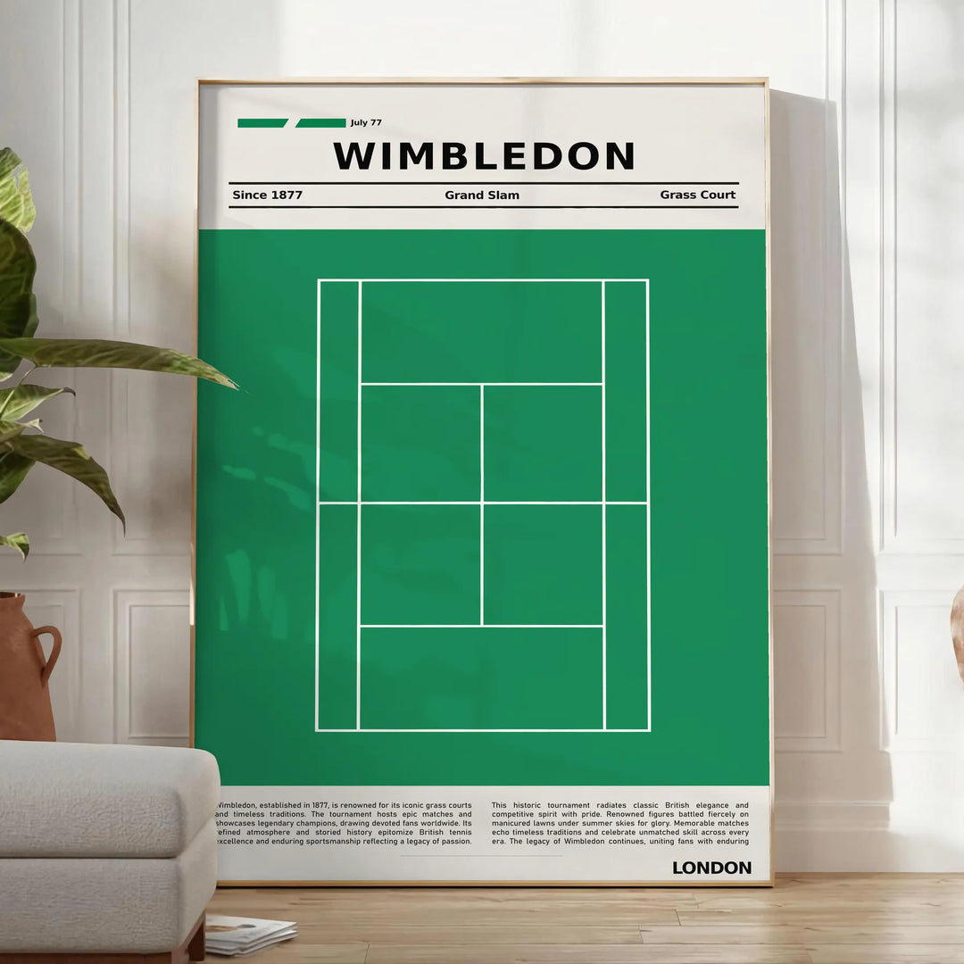 Retro-style graphic of a tennis court in green and white for Wimbledon