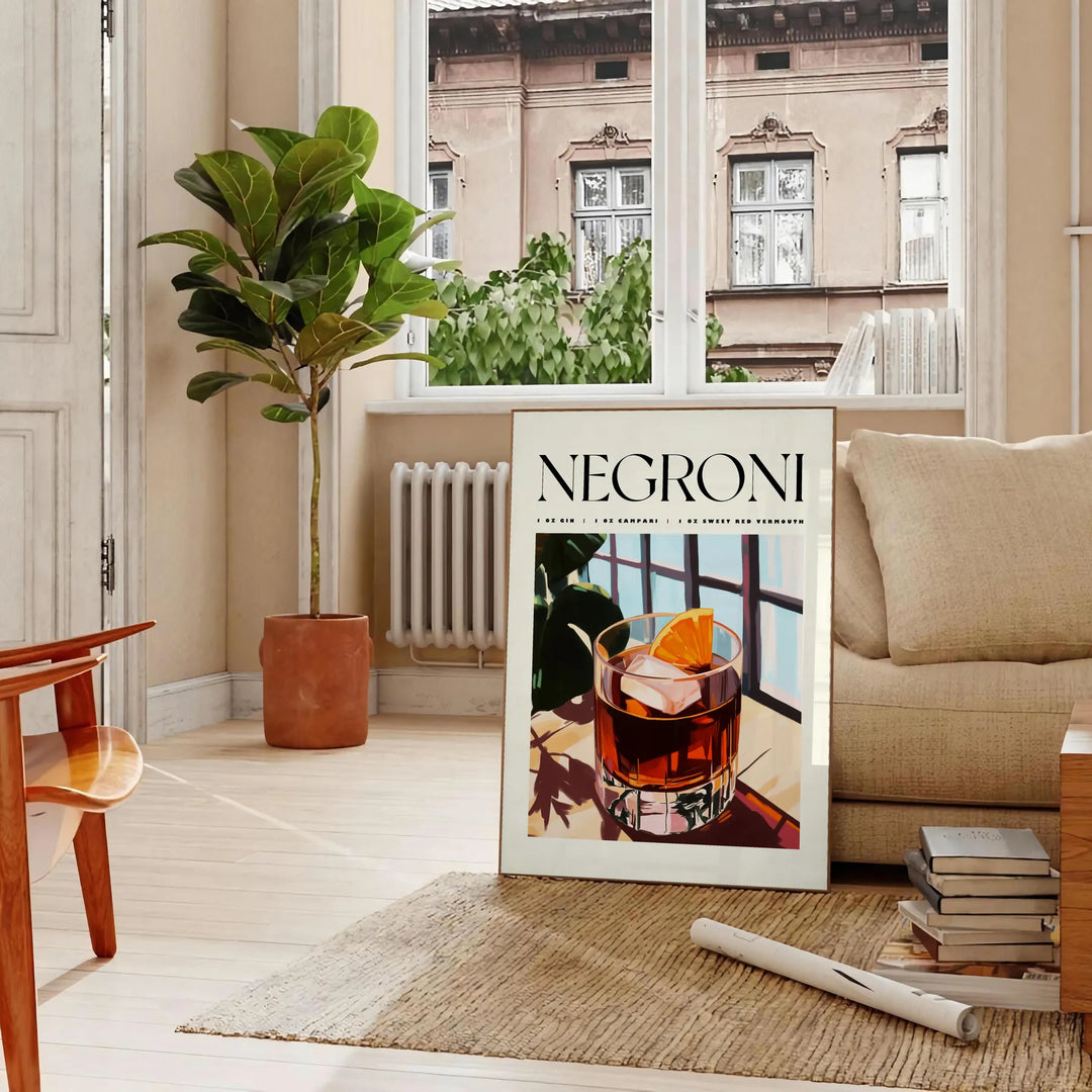 Stylized illustration of a Negroni cocktail in orange and white