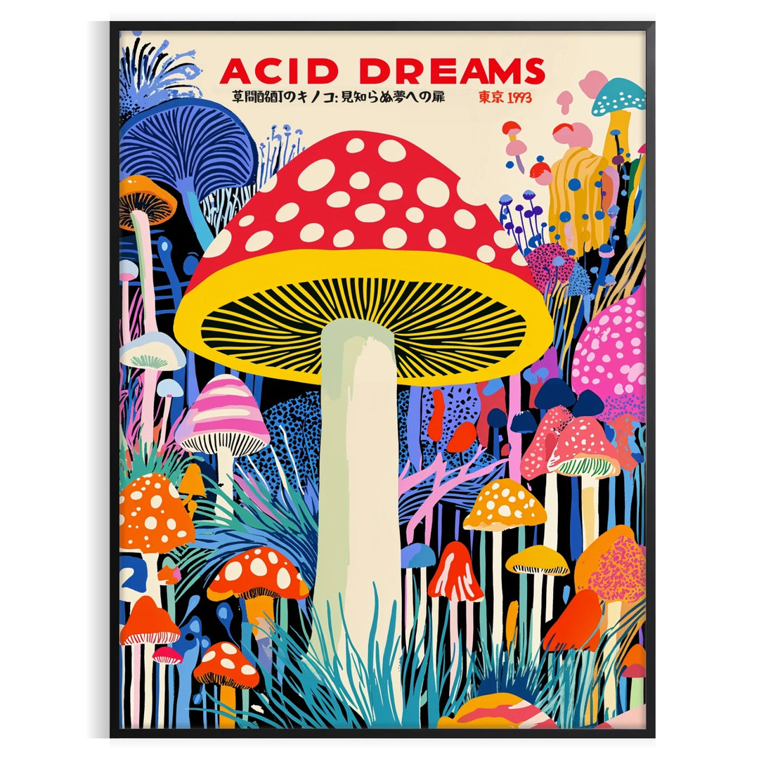 Colorful polka-dotted mushrooms in red and blue by Yayoi Kusama