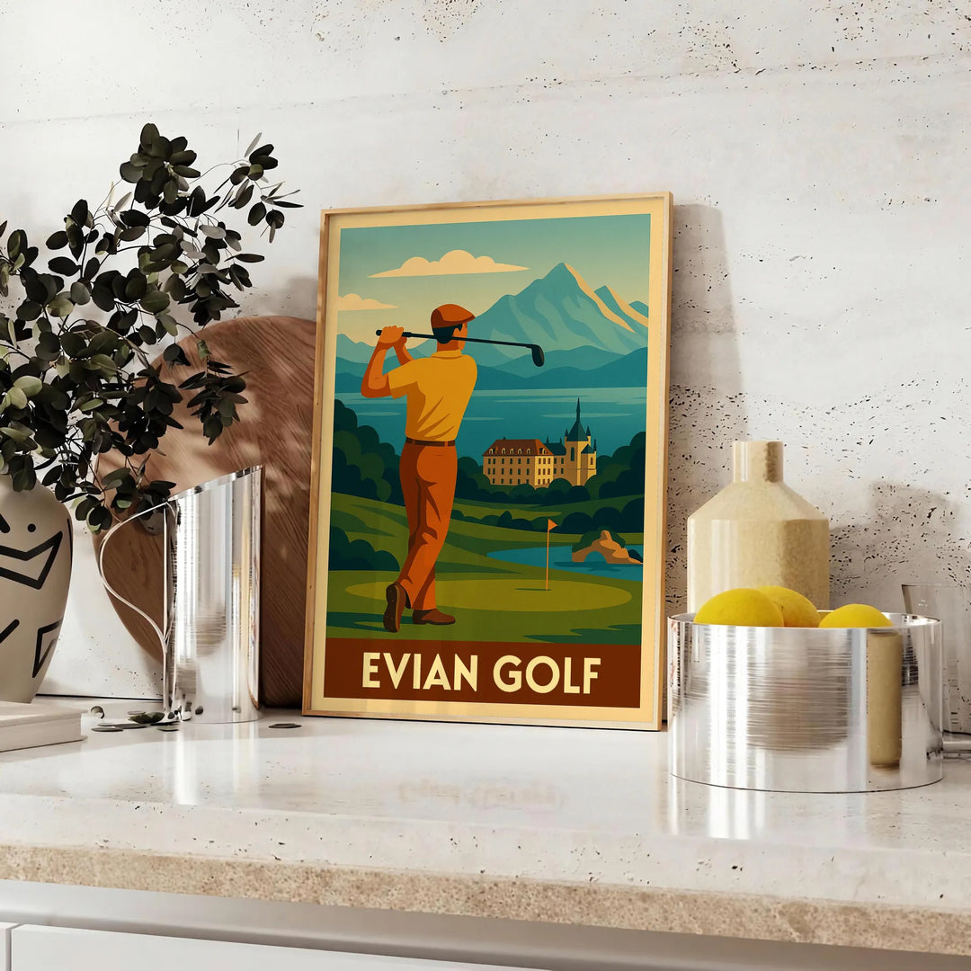 Vintage Art Deco αφίσα γκολφ Evian σε κίτρινες και γκρι αποχρώσεις