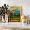 Vintage Art Deco αφίσα γκολφ Evian σε κίτρινες και γκρι αποχρώσεις