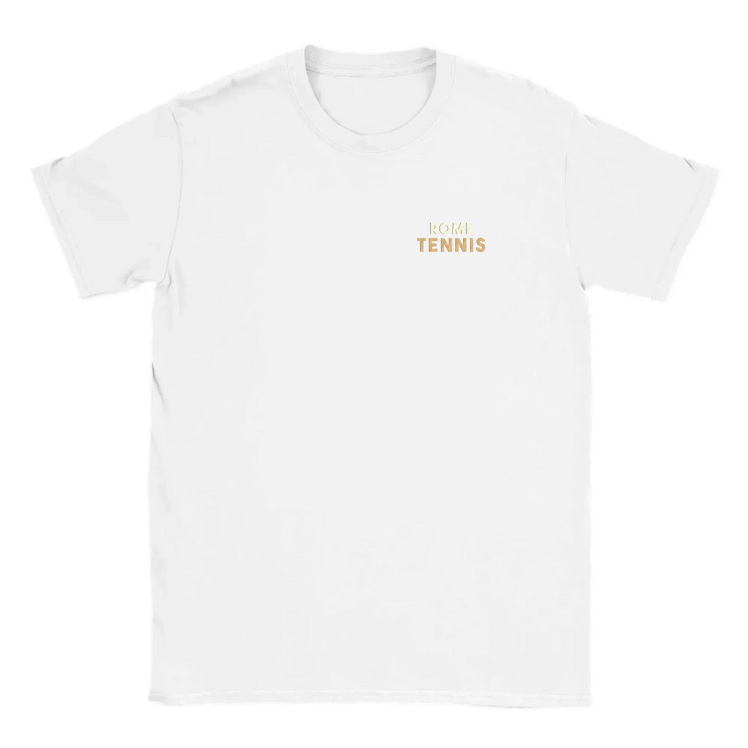 T-shirt featuring an embroidered design of a tennis motif inspired by Rome