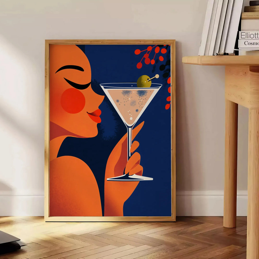 Plakāts Femme Martini, stilizēta sieviete ar martini oranžā un zaļā