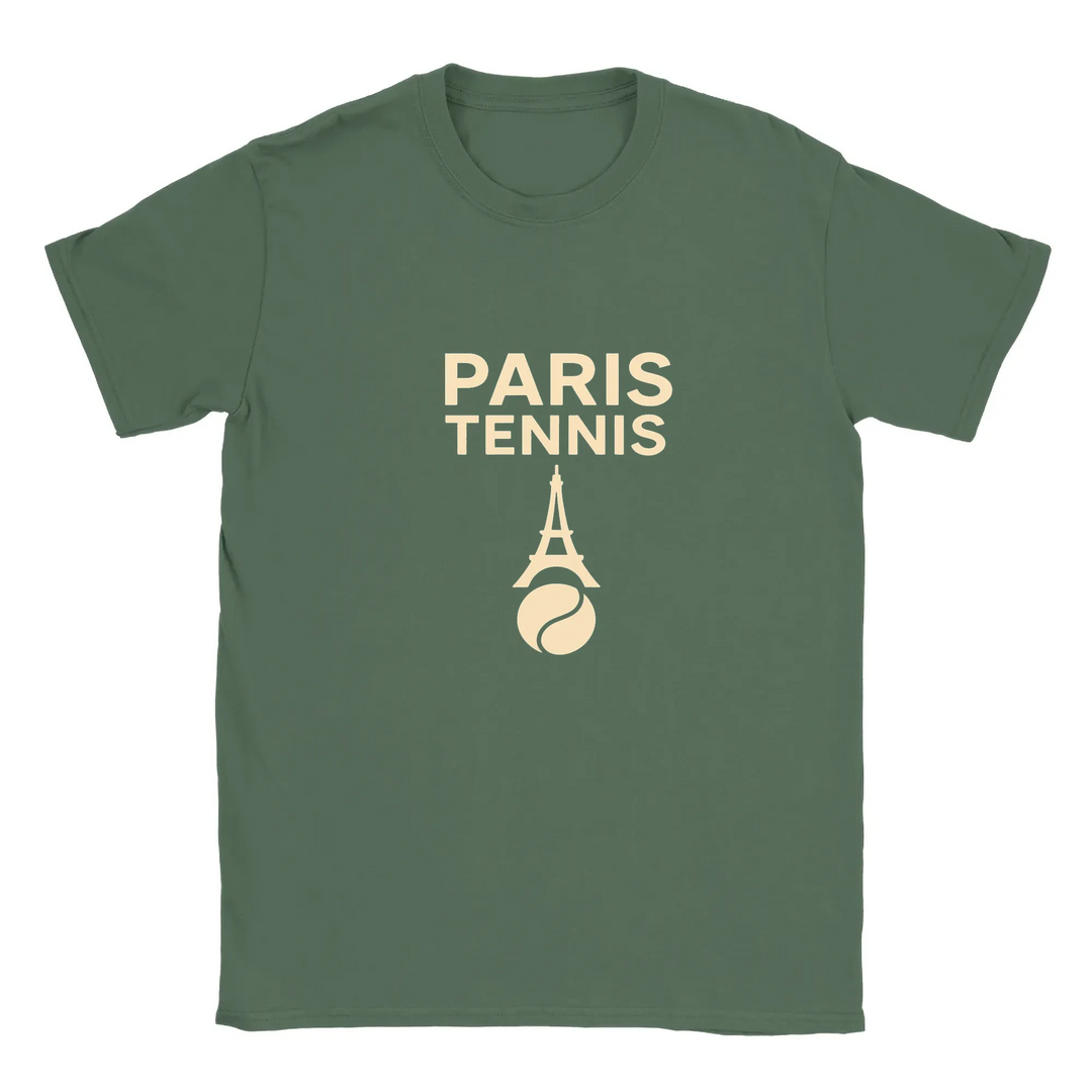 T-shirt featuring a minimalist design of the Eiffel Tower and a tennis racket