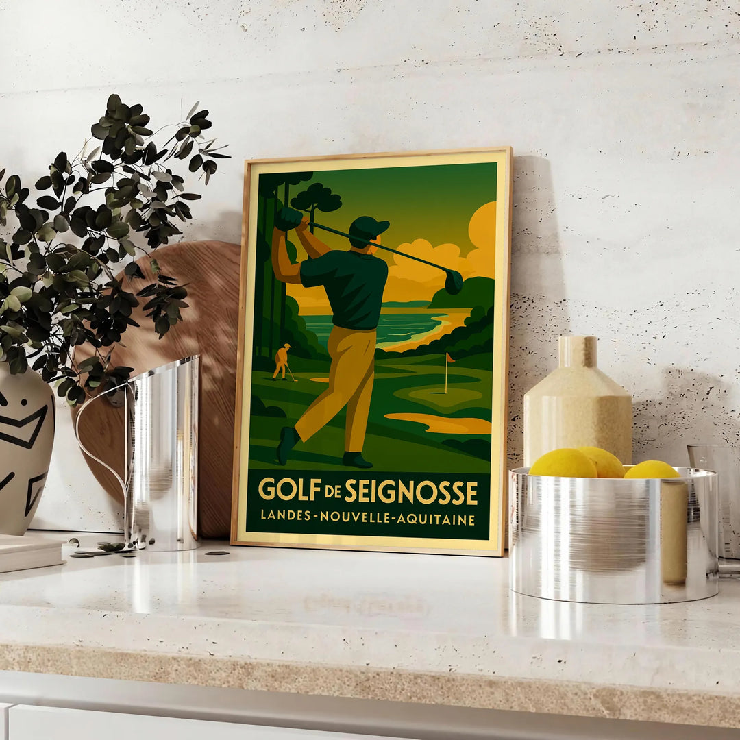Poster de golf Seignosse estilo vintage art déco amarelo e cinza