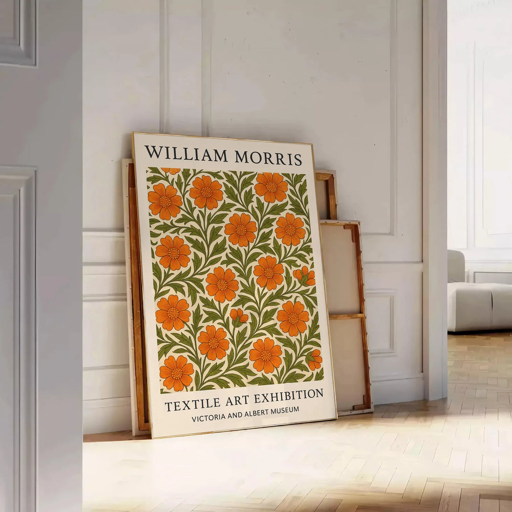 William Morris botanical design featuring intricate floral patterns in orange and green