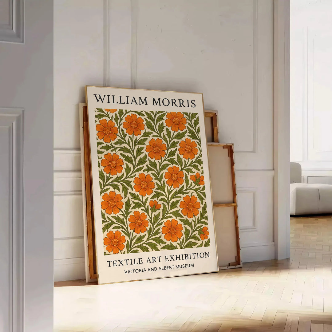 William Morris botanical design featuring intricate floral patterns in orange and green