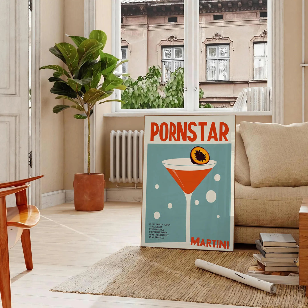 Poster of Pornstar Martini cocktail illustration with green and brown tones