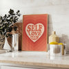 A motivational poster featuring the phrase 'Self Love Club' in bold typography, with energetic orange and red hues.