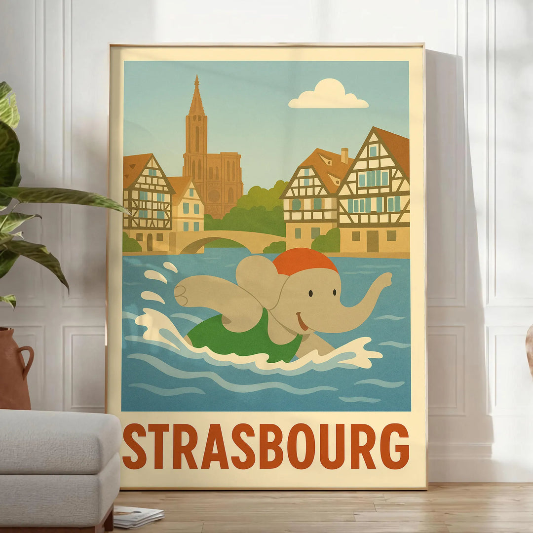 Illustration of a playful elephant swimming in blue water with green accents