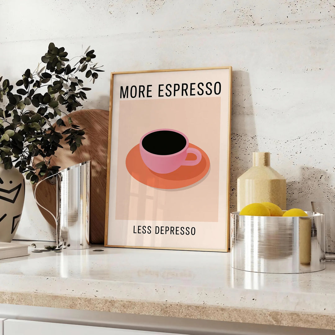 Black and orange typographic kitchen poster reading 'More Espresso Less Depresso'