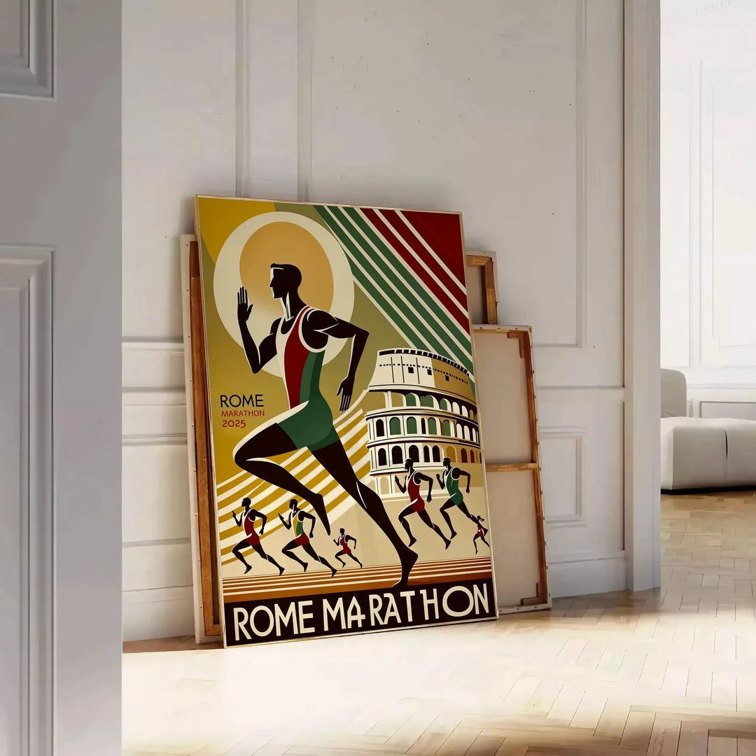 Grünes und schwarzes Rom Marathon Poster mit stilisiertem Läufer und Skyline