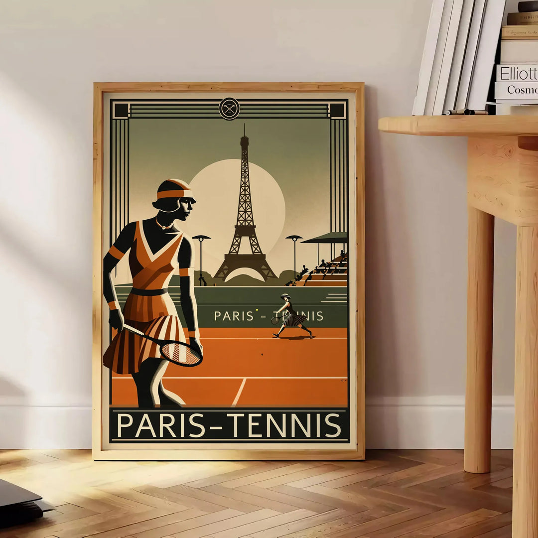 Black and brown Paris tennis art poster with elegant minimalist illustration