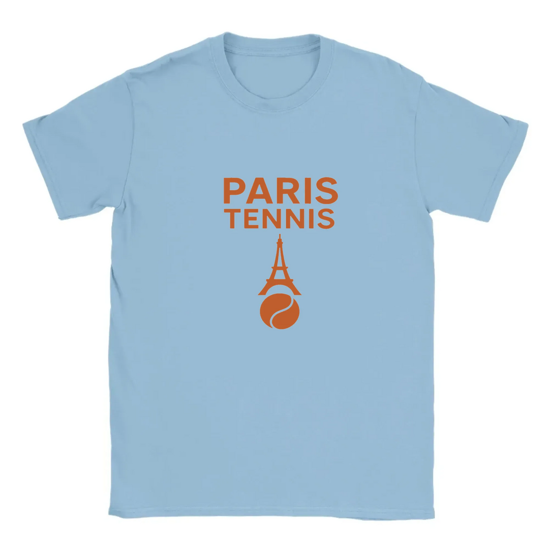 T-shirt featuring a graphic of tennis rackets and a ball with Paris landmarks