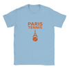T-shirt featuring a graphic of tennis rackets and a ball with Paris landmarks