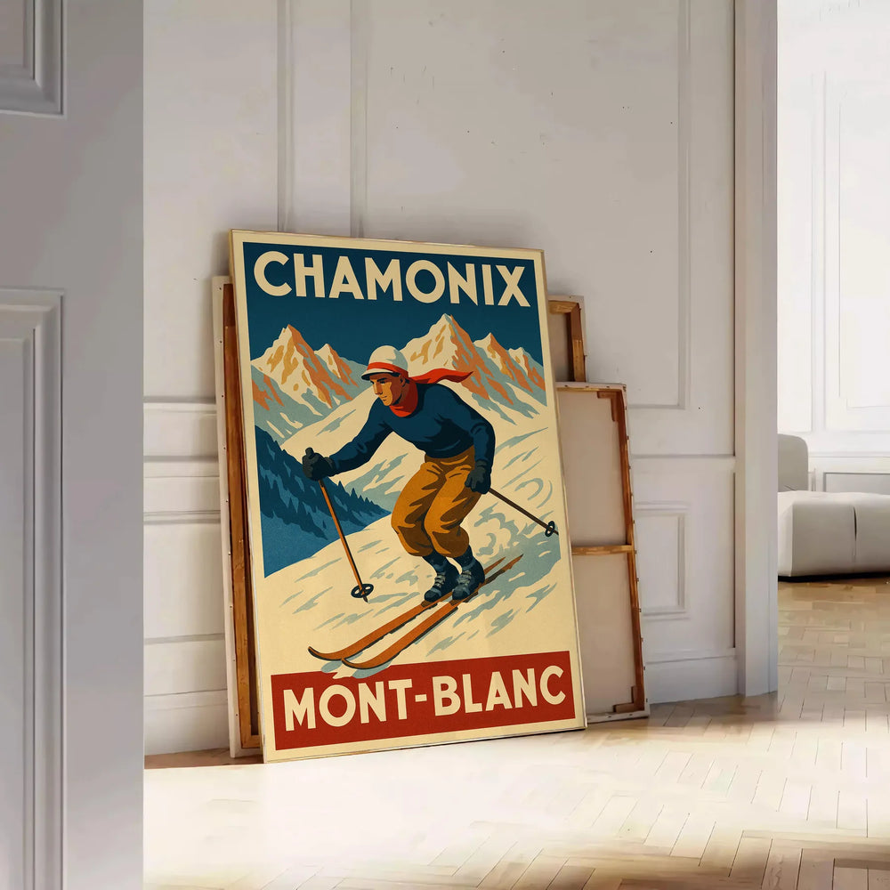 Vintage ski scene featuring Mont Blanc in white, brown, and red hues