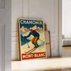 Vintage ski scene featuring Mont Blanc in white, brown, and red hues