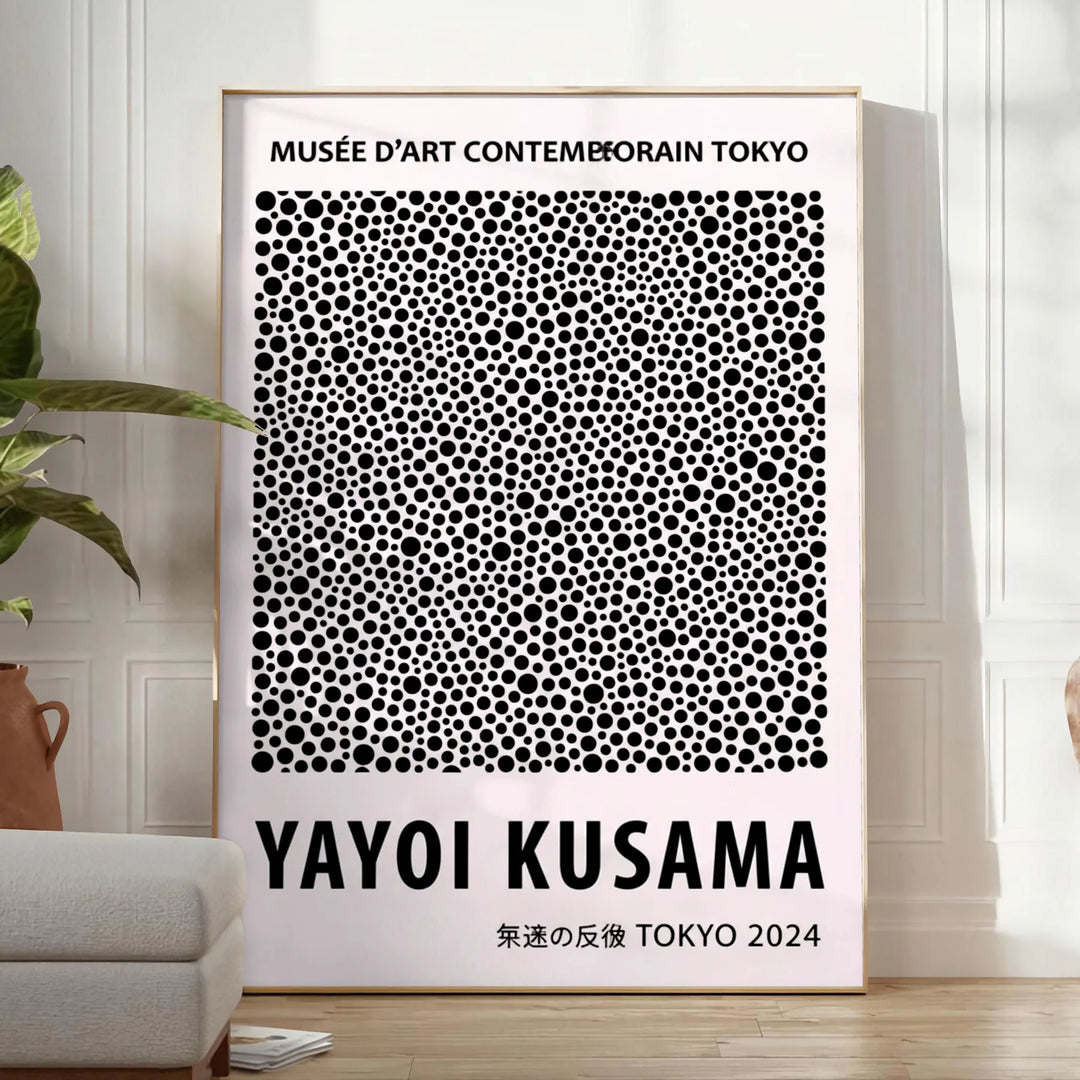 Black and white dots pattern by Yayoi Kusama in minimalist style