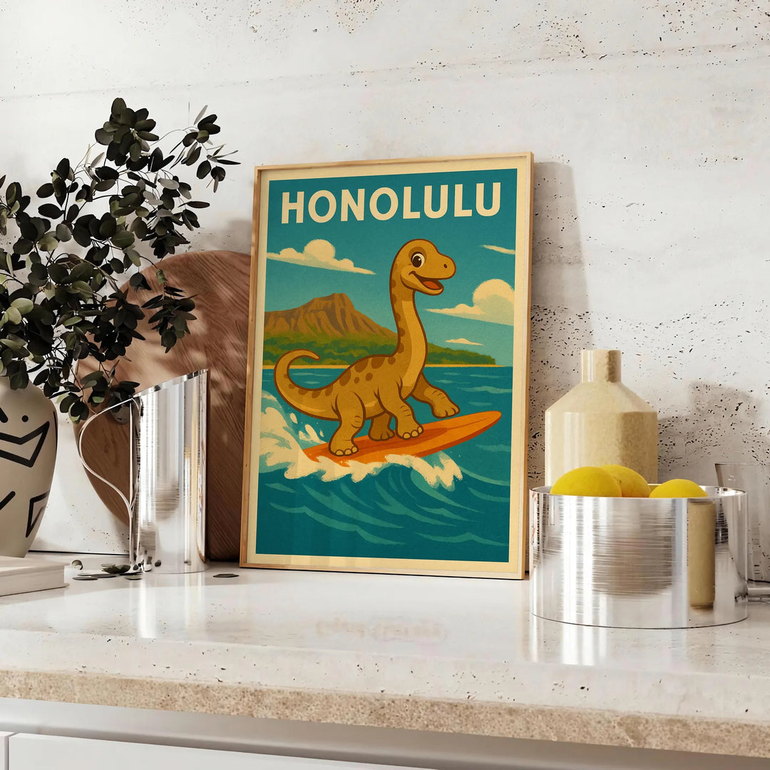 Cartoon dinosaur in green and yellow surfing in Honolulu