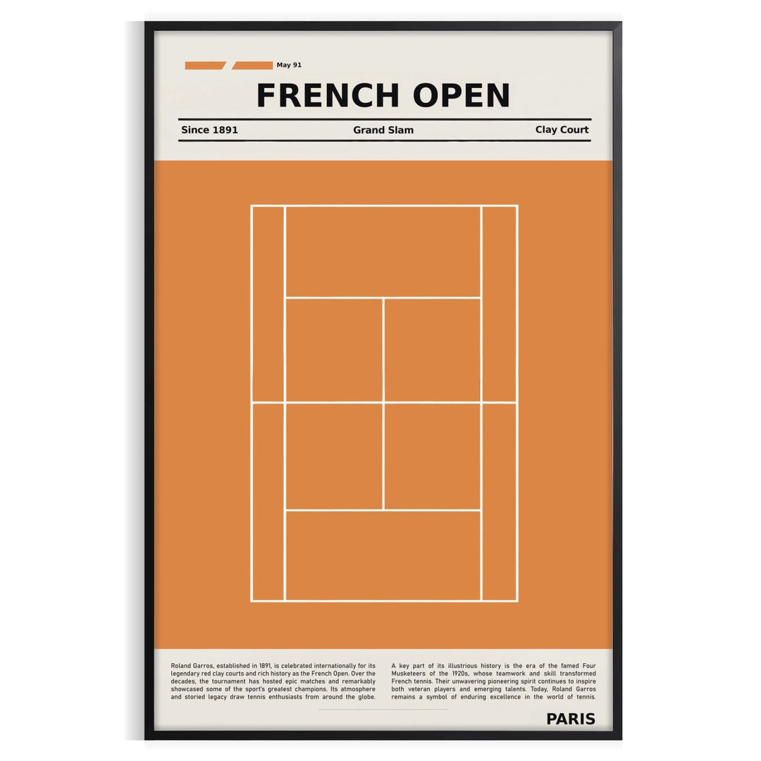 Minimalist black and white illustration of tennis at Roland Garros