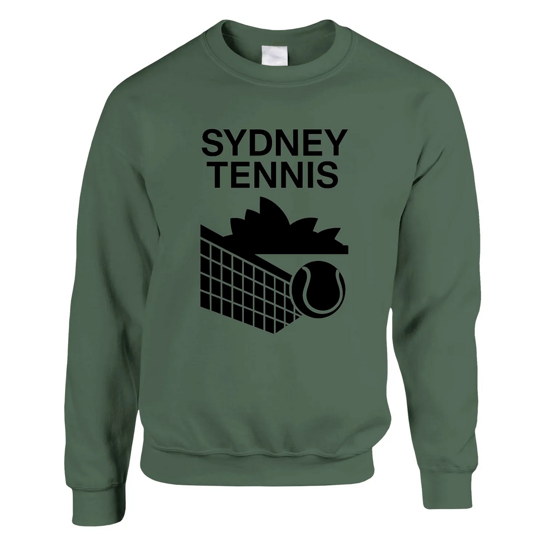 Unisex sweater featuring a graphic print of tennis elements and Sydney landmarks