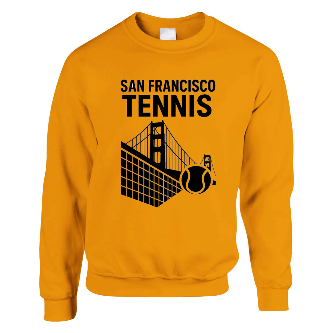 Unisex sweater featuring a graphic of tennis elements with San Francisco skyline