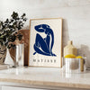 Abstract blue figure on a white and gray background in Matisse's Blue Nude II