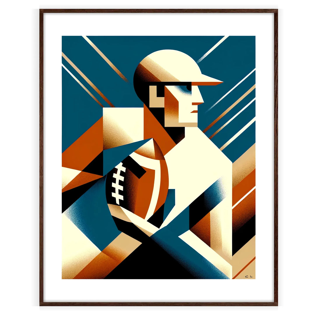 Εικονογράφηση Art Deco ενός παίκτη αμερικανικού ποδοσφαίρου σε δράση - σε κορνίζα καρυδιάς