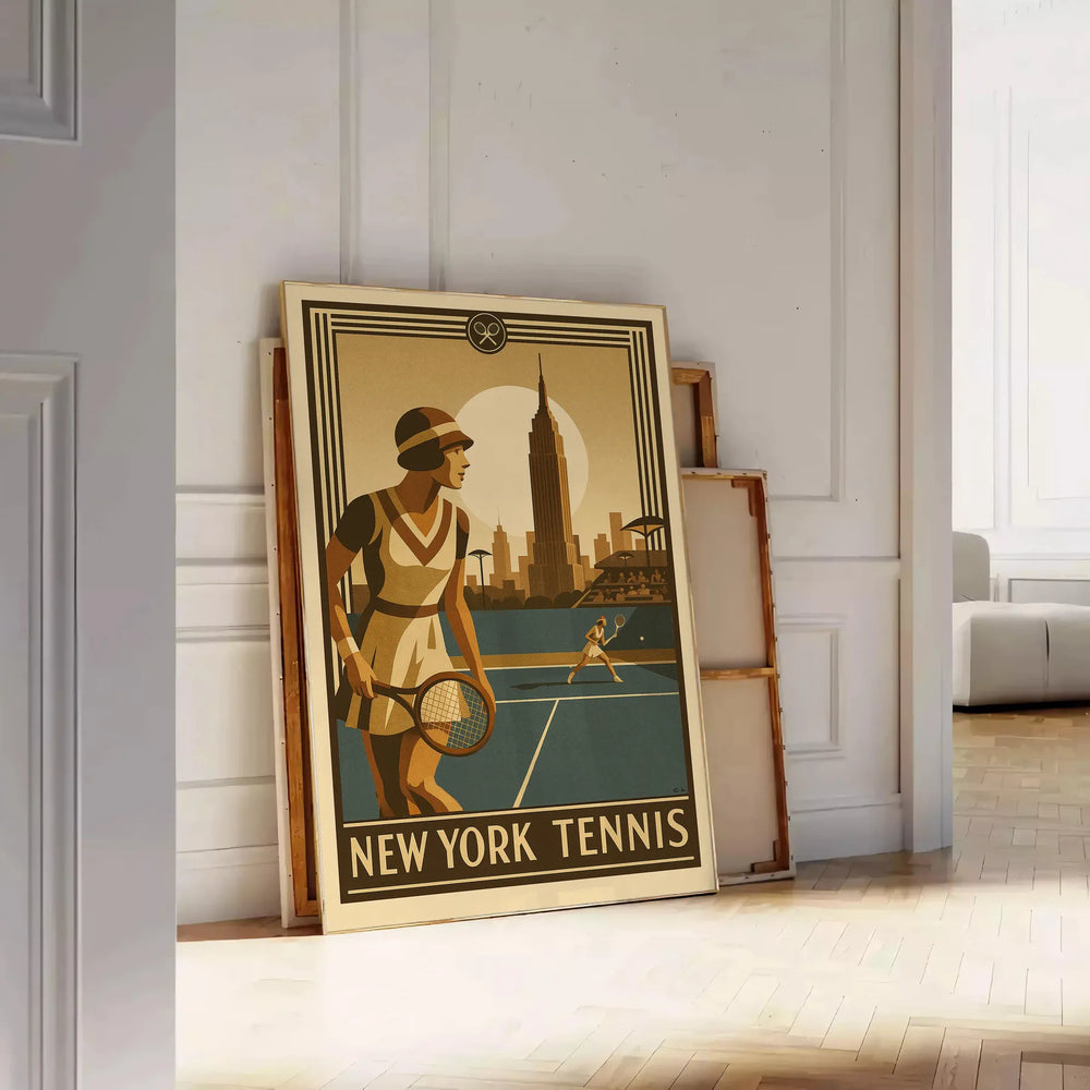 Poster showing stylized New York tennis scene in green and orange